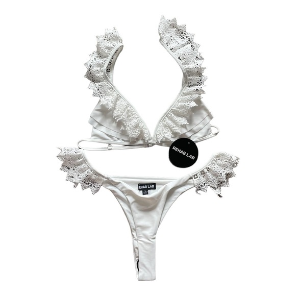 Rehab Lab White Frilly Bohemian Lace Brazilian Thong Bikini - Picture 1 of 7